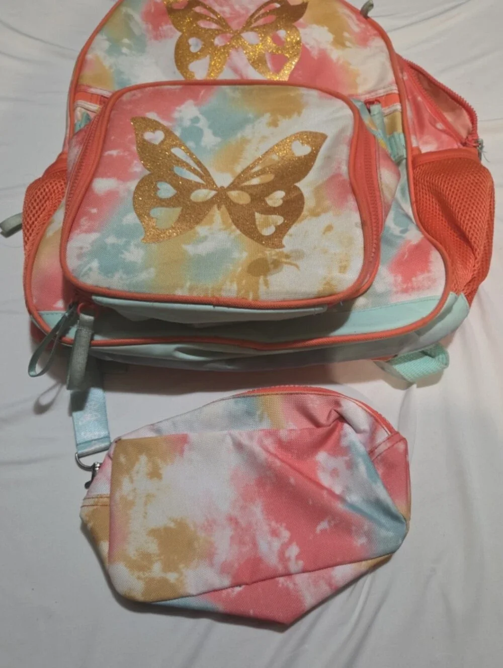 Chic girls 17 inch coral tie dye butterfly bookbag lunchbox / pencilcase #07